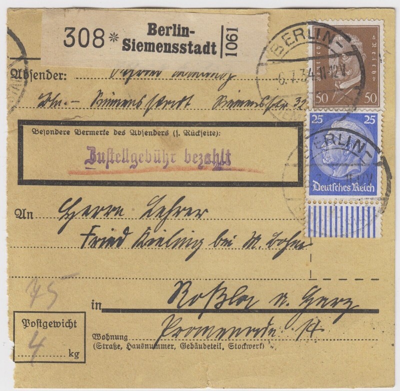 Dr Berlin-Siemensstadt Paketkarte Nach RoÃLa Harz 1934