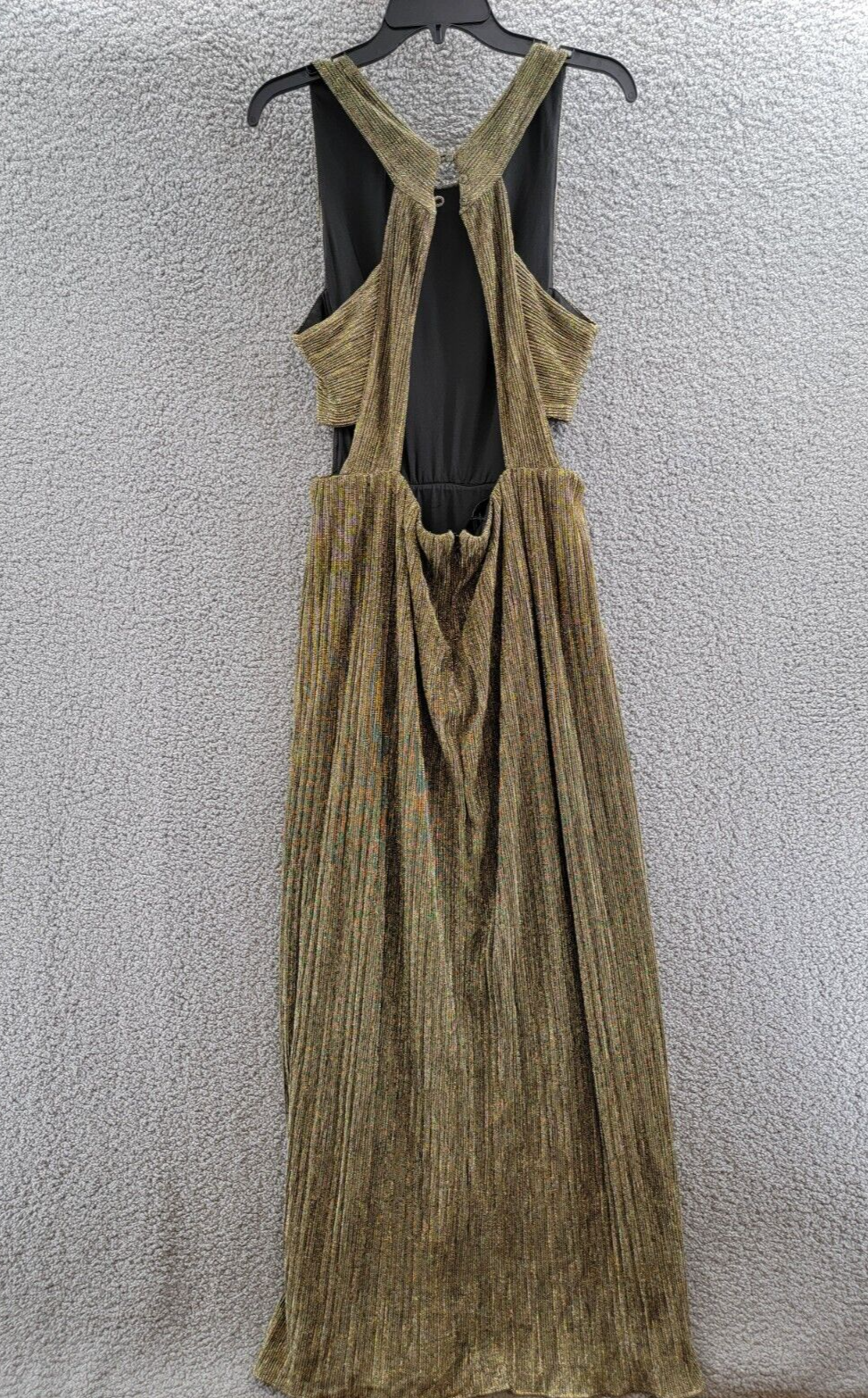 Pre-owned Bcbgmaxazria Pleated Metallic Evening Gown Women's M Gold Cutout Back Button Zip