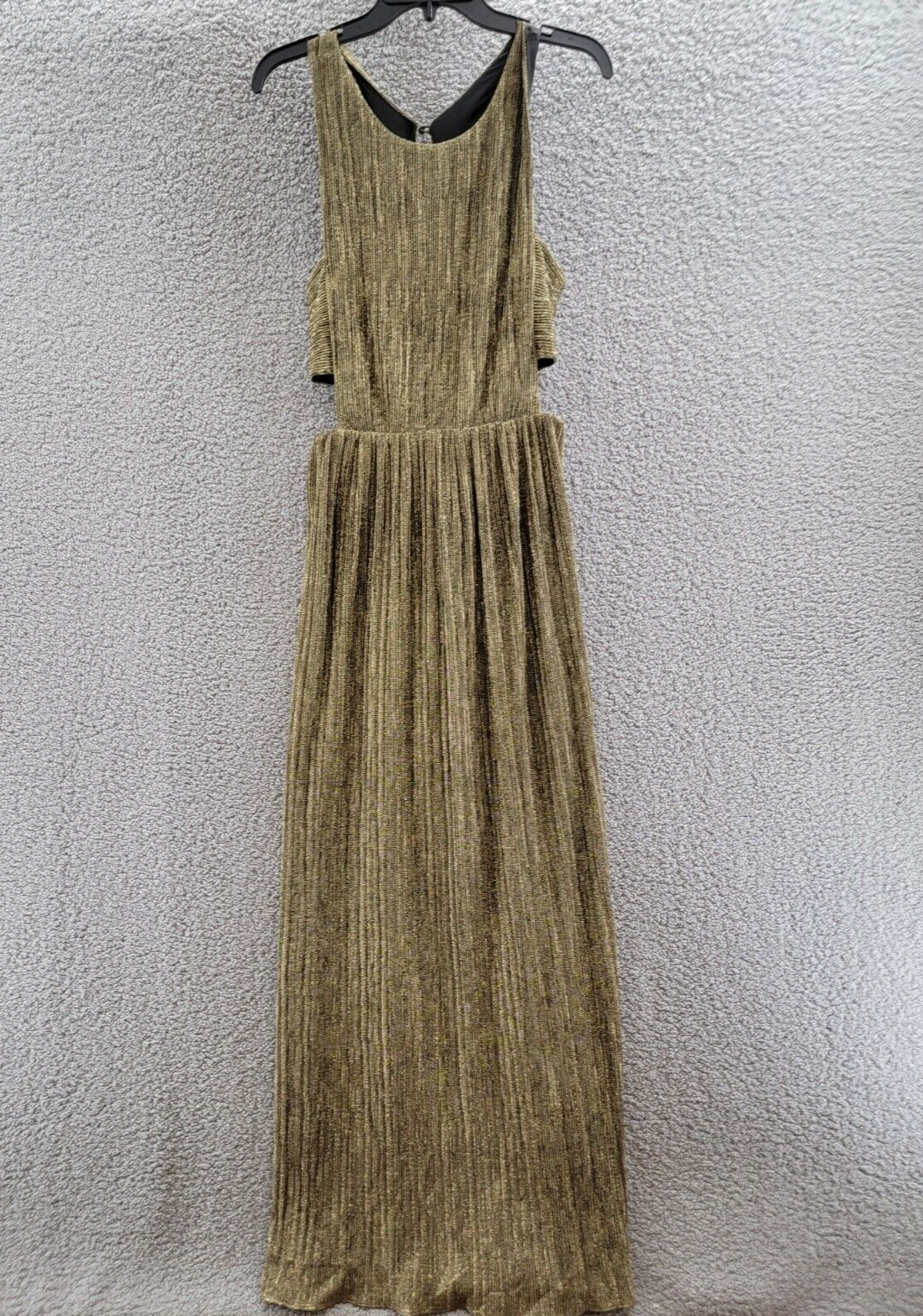 Pre-owned Bcbgmaxazria Pleated Metallic Evening Gown Women's M Gold Cutout Back Button Zip