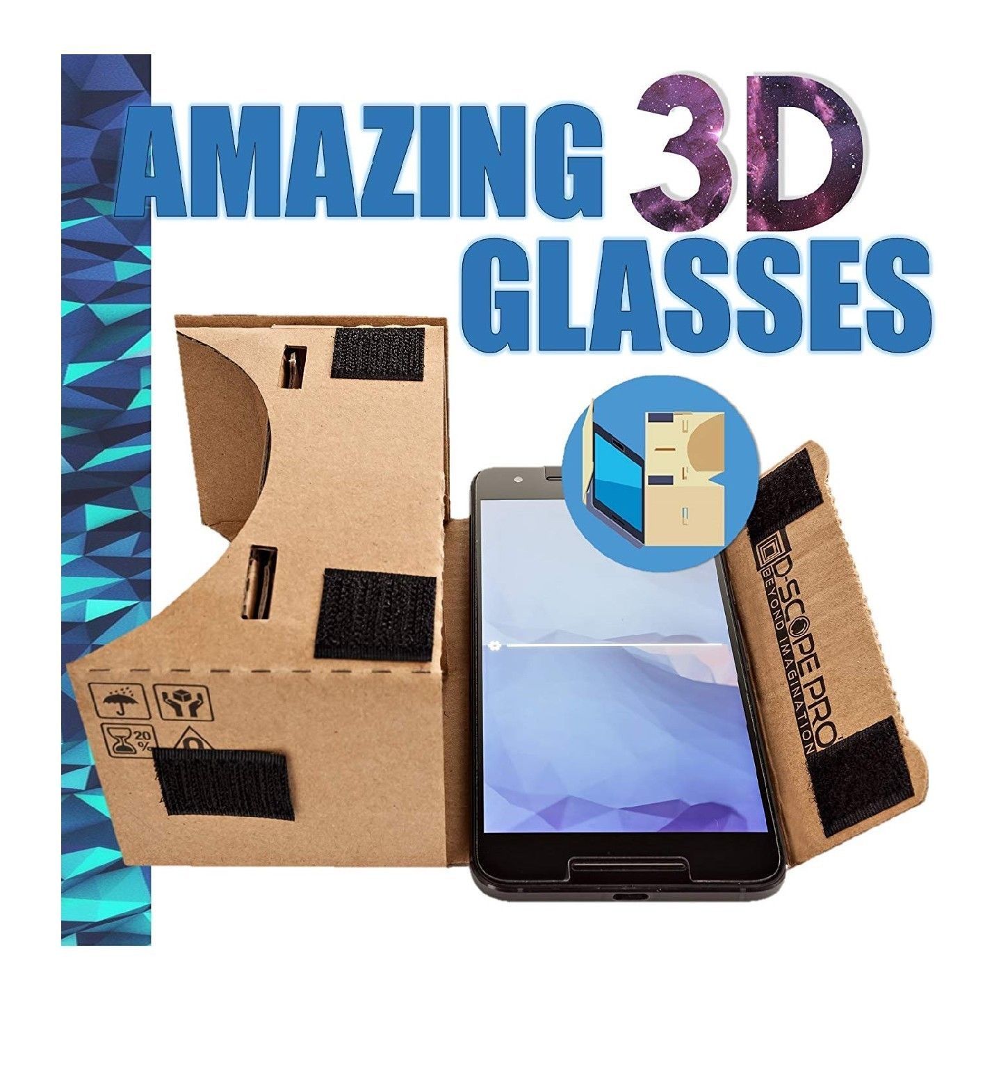 D-scope Pro Google Cardboard Kit with Straps 3D Virtual Reality fits up to 6