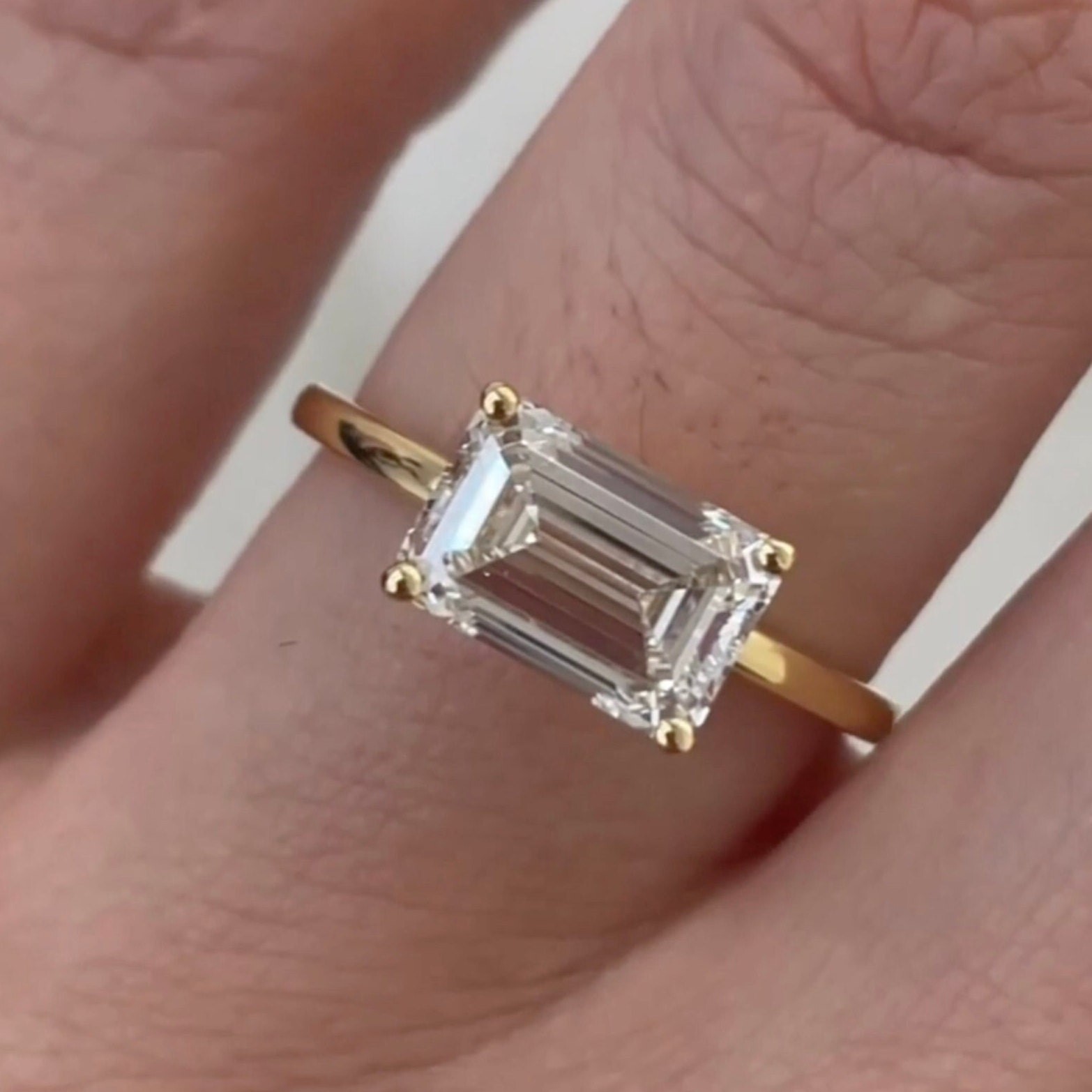 Pre-owned Sterling Four Claw Prong Rings 925 Silver, Emerald Cut East To West Engagement Ring, In Gold