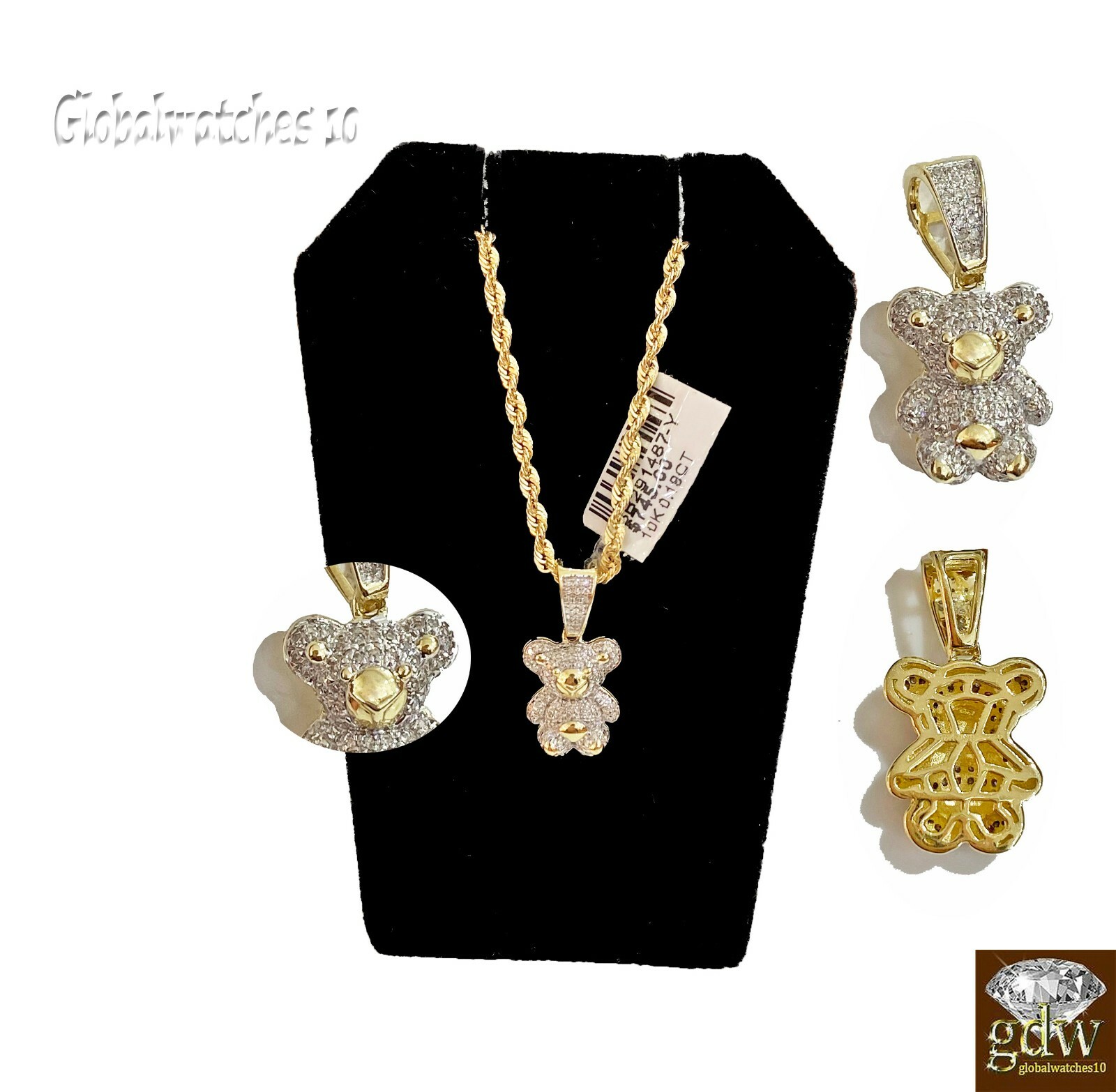 Pre-owned G&d 10k Gold Diamond Charm With Rope Chain In 20 22 24 26 Inch Teddy Charm Pendant