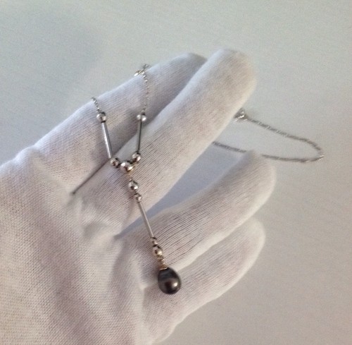 14K White Gold Bead And Bar Accented Chain With Tahitian Pearl Drop