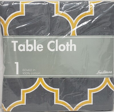 1 Printed Fabric Cotton Tablecloth,60''x60''Square,CHARCOAL GREY&YELLOW TRELLIS,LT