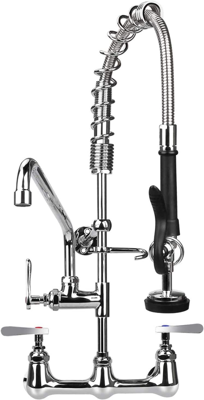 Commercial Sink Faucet with Pre-Rinse Sprayer 8 Inch Center Wall Mount Kitchen F