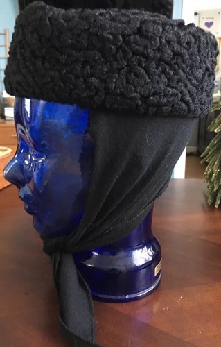 Vintage Women’s Faux Lamb Fur Curly Gross Grain Black Hat Ear Flaps Tie Union