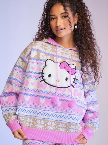 Pre-owned Forever 21 Hello Kitty X  Holiday Fair Isle Hoodie - Small In Pink