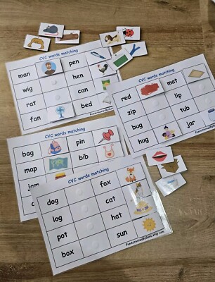 CVC word phonics matching worksheets, Montessori activities, Busy book pages