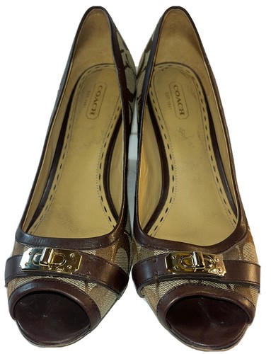 Coach Brown Leather Logo Signature Canvas Wedge Heels Shoes