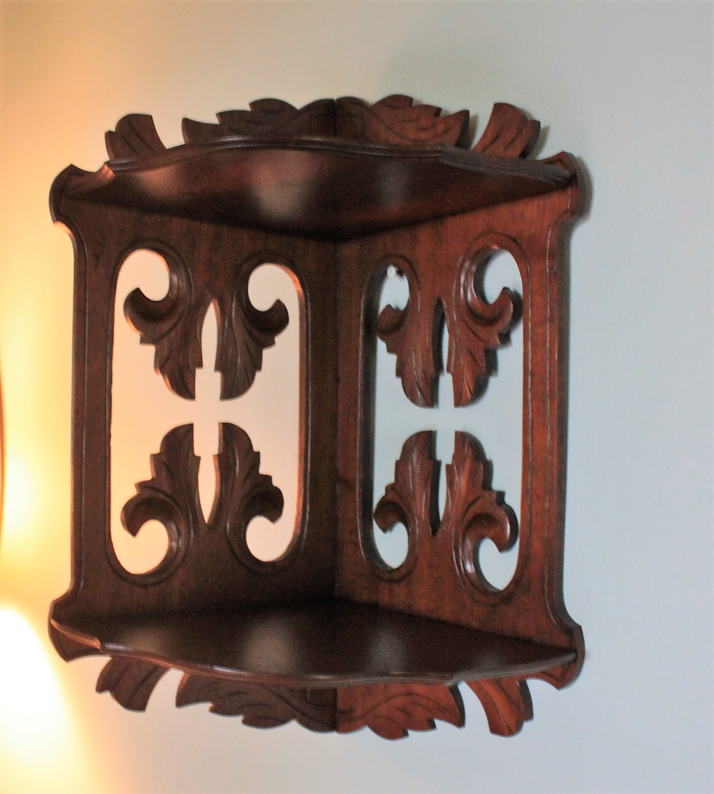 Antique Victorian handcrafted scroll wood corner shelf