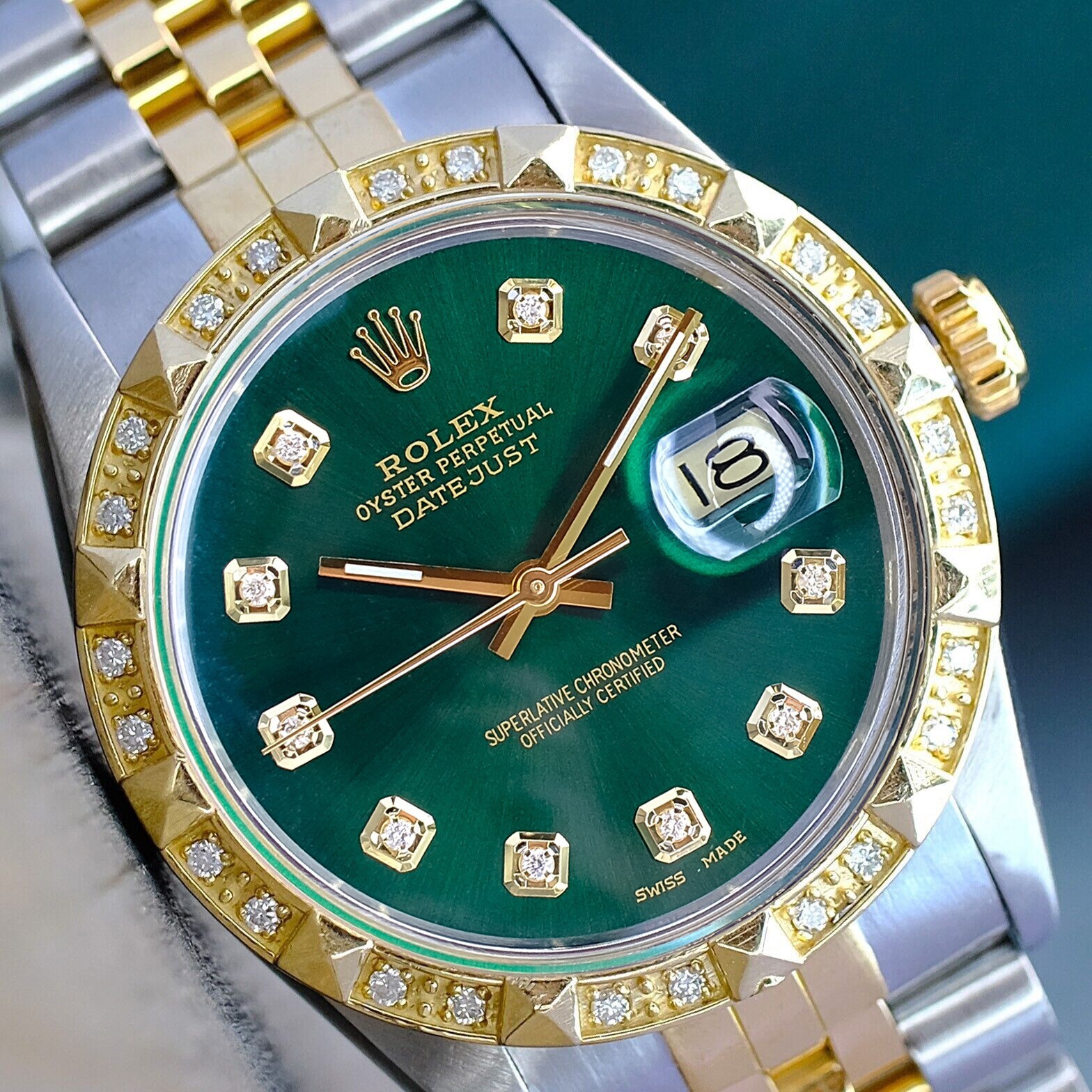 ROLEX MENS DATEJUST 16233 WATCH GOLD & STEEL GREEN DIAMOND