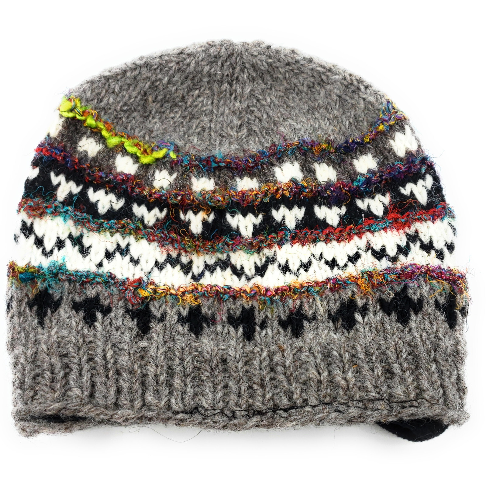 Hand Knit Wool & Recycled Silk Beanie Hat Fleece Lined Made in Nepal