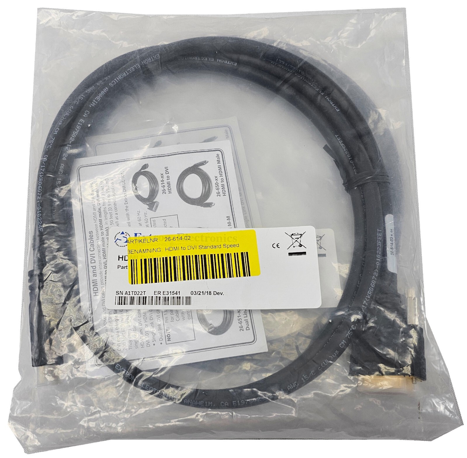 Lot of 2 Extron Electronics 26-614-02 HDMI to DVI Standard Speed - 6' FEET