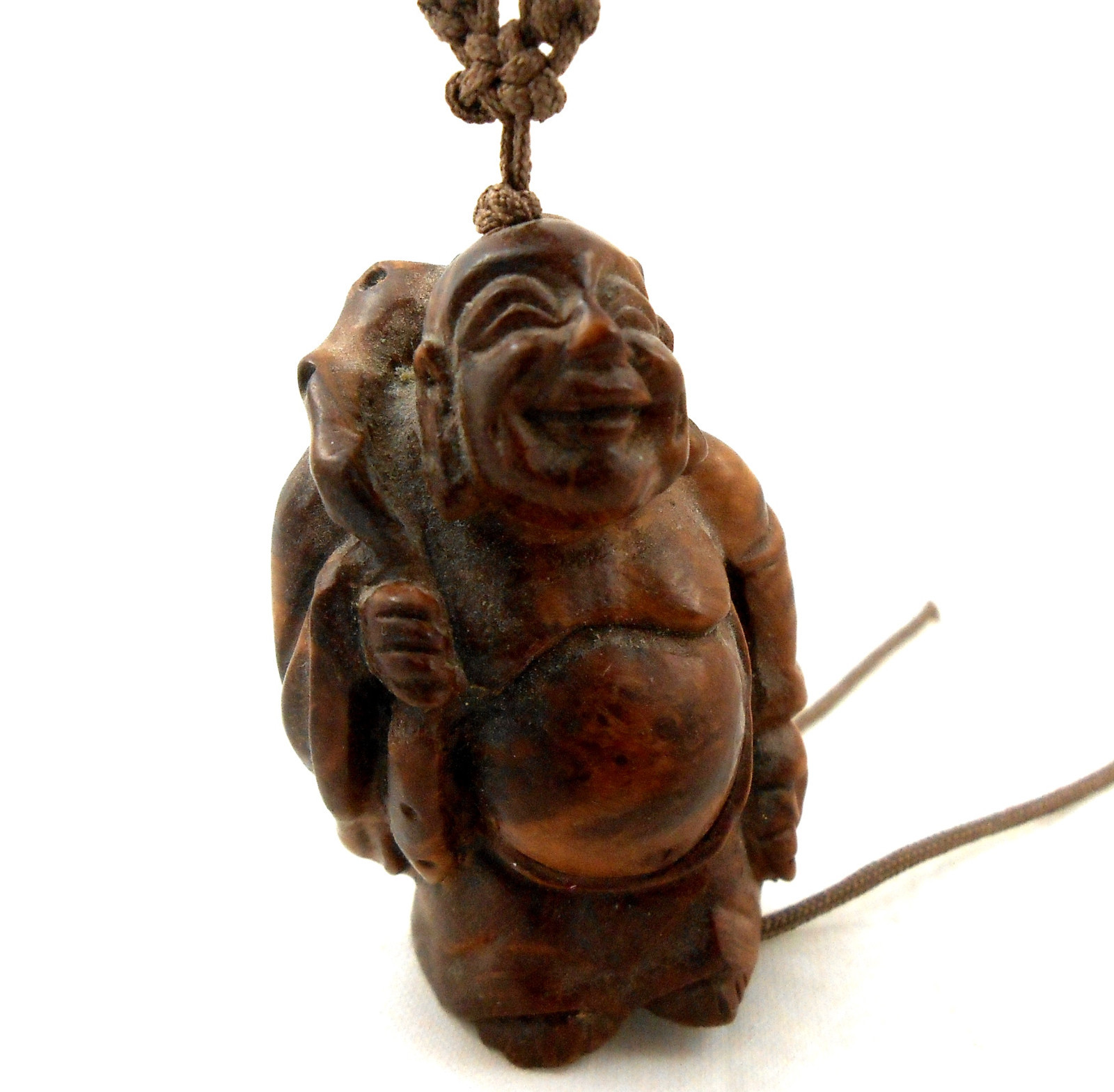 Japanese Netsuke Pendant Carved Boxwood Burlwood BUDDHA Necklace