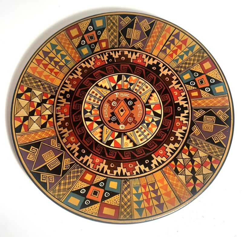 Vintage Peruvian Folk Art Hand Painted Cusco Pisac Peru Wooden Decorative Plate 