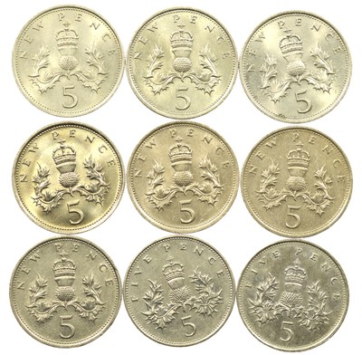 great britain, 5p five pence, decimal, collection of 9 coins