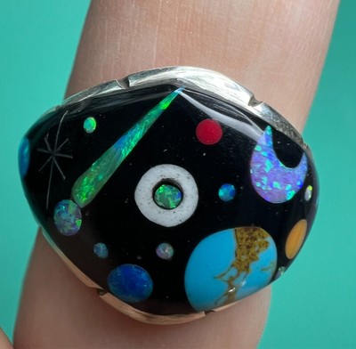 Navajo Galaxy Ring Starry Sky Black Onyx Sterling Multi Gem Size 10.5 Signed SM