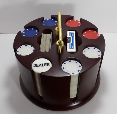 Poker Chip Set Wood Carousel Caddy & Chips Holds 2 Decks of Cards