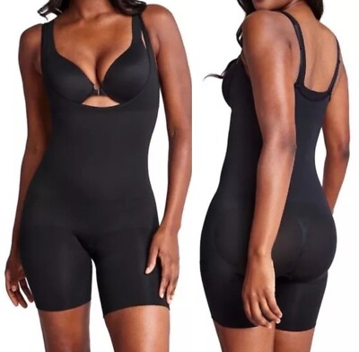 SPANX RED HOT Large Black Open-Bust Mid-Thigh Bodysuit ULTRA FIRM Shapewear NWT