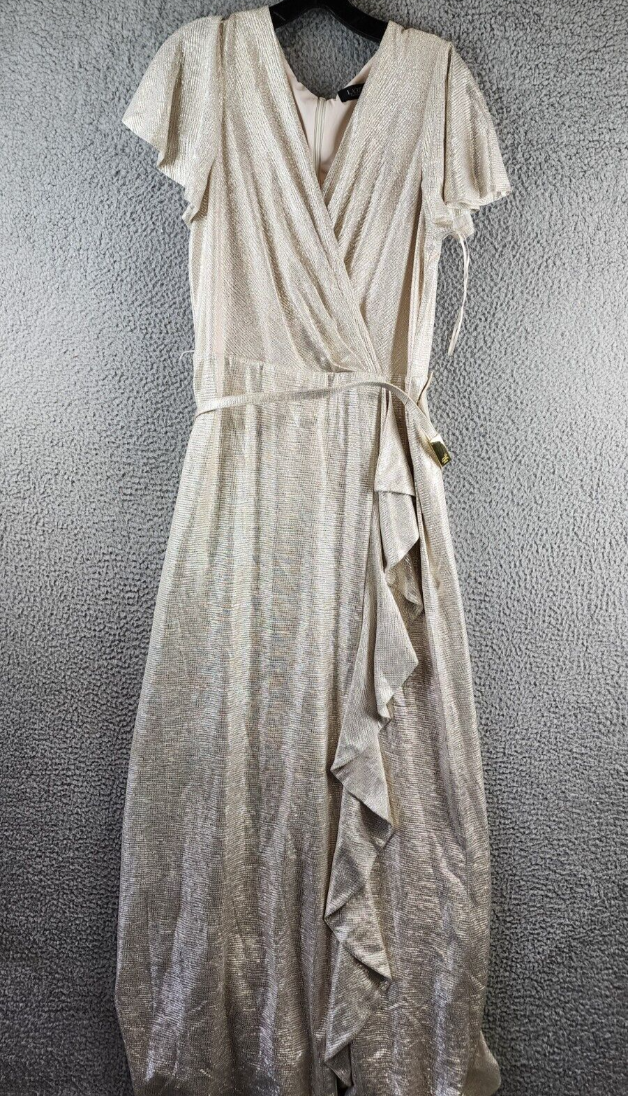Ralph Lauren Metallic Flutter Sleeves Evening Dress Women 14 Gold V-Neck - Picture 4 of 18
