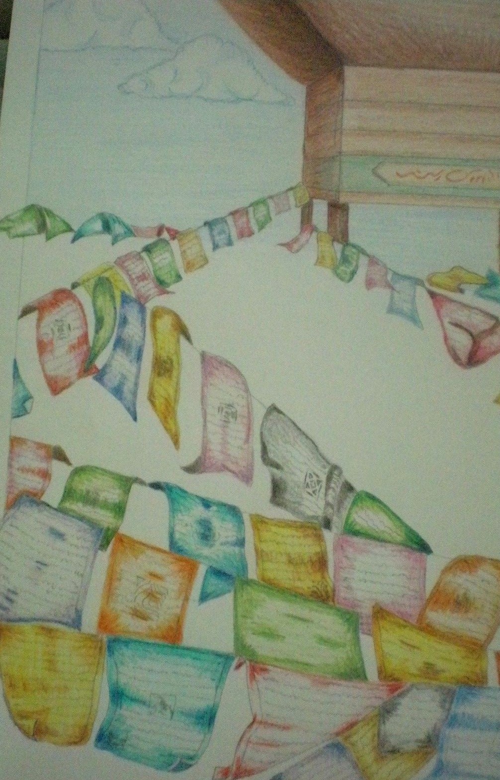 Art Work Original Artist Rendering of Himalayan Tibetan Nepal Prayer Flags