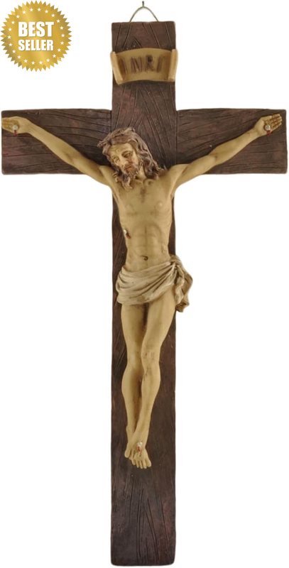 Jesus Crucifix Wall Cross, Resin Catholic Hanging Decor, 9.05 Inch | INRI Religi