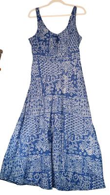 Chaps Maxi Dress Womens L Blue Batik Floral Lace Up Neck Sundress 100% Cotton