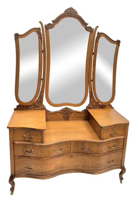 Victorian Large Tiger Oak American Vanity Dresser Chest Batwing Mirrors