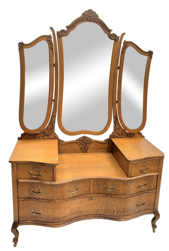 Victorian Large Tiger Oak American Vanity Dresser Chest Batwing Mirrors 1900