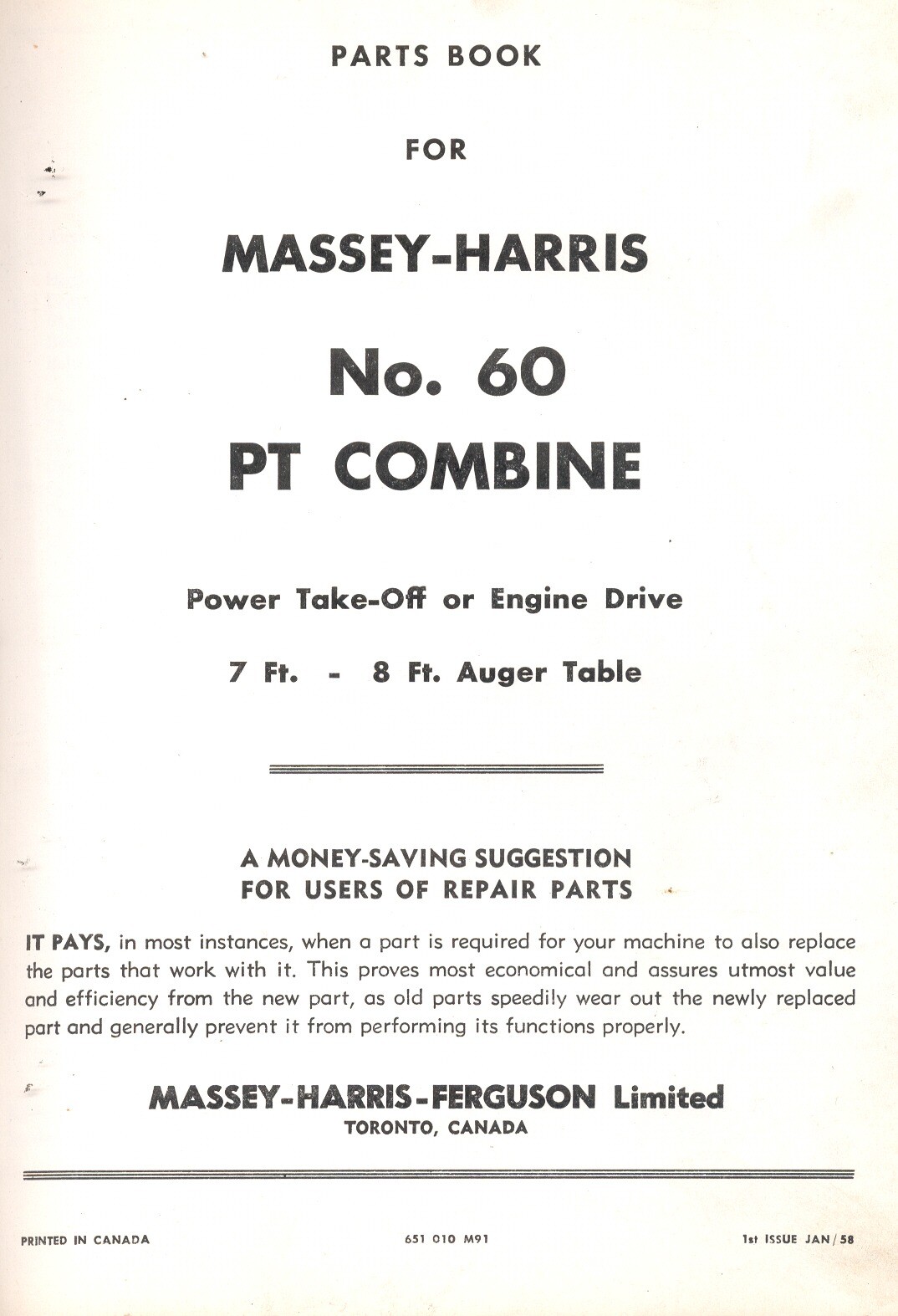 1957 MASSEY HARRIS # 60 PT Pull Type COMBINE - Illustrated Repair Parts List