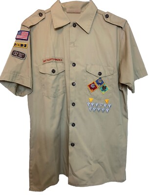 Boy Scouts Of America Beige Leader Shirt, Men s Lg, Official BSA with Patches 6+