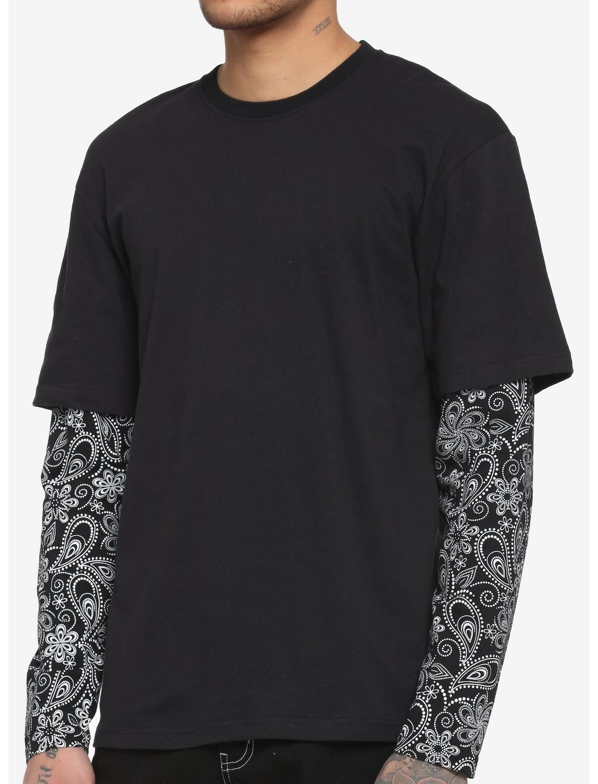 HOT TOPIC Black & White Paisley Twofer Long-Sleeve T-Shirt