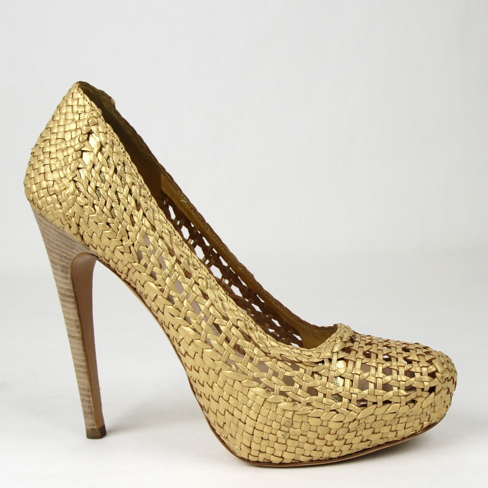 Pre-owned Prada Women's Gold Metallic Leather Woven Platform Pump Heel 1ip064