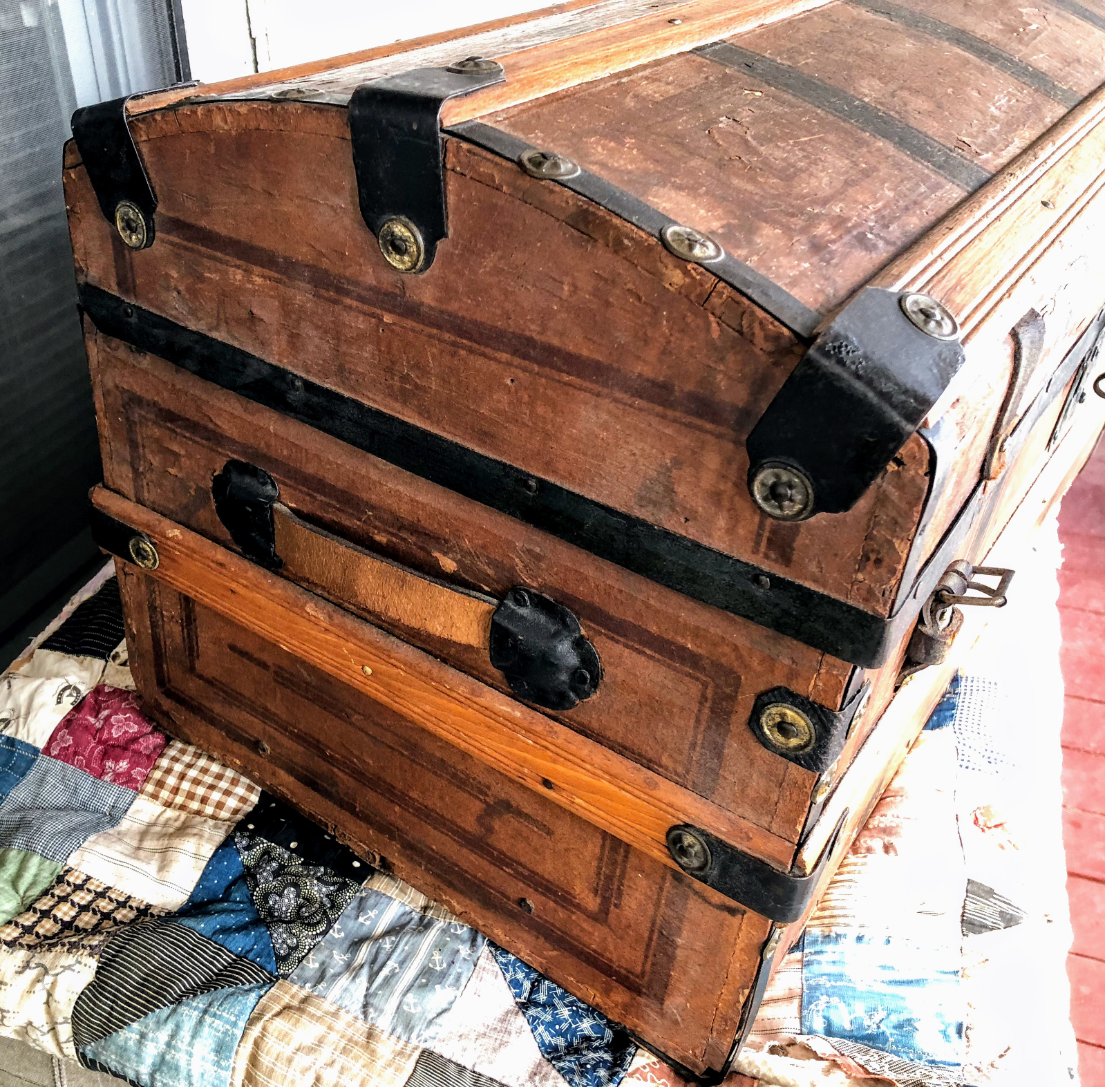 FARMHOUSE 1800 Primitive Antique Trunk Lithograph Paper~Wood Metal Brads