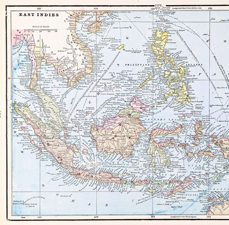 1898 South East Asia Map Cambodia Singapore Jakarta Malaysia Manila Sumatra