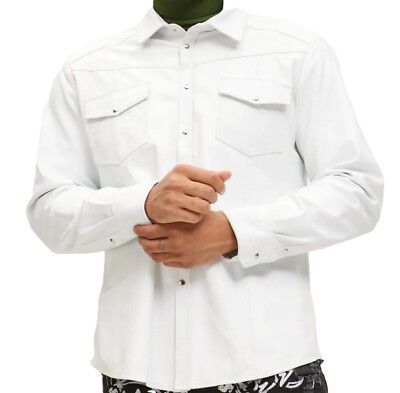 Men's White Leather Full Sleeves Shirt Real Lambskin Leather Snap Button Jacket