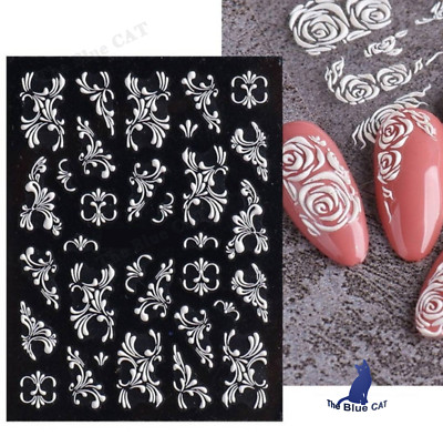 5D White Embossed Wedding Nail Stickers Flowers Ferns Lace Bride Decorations