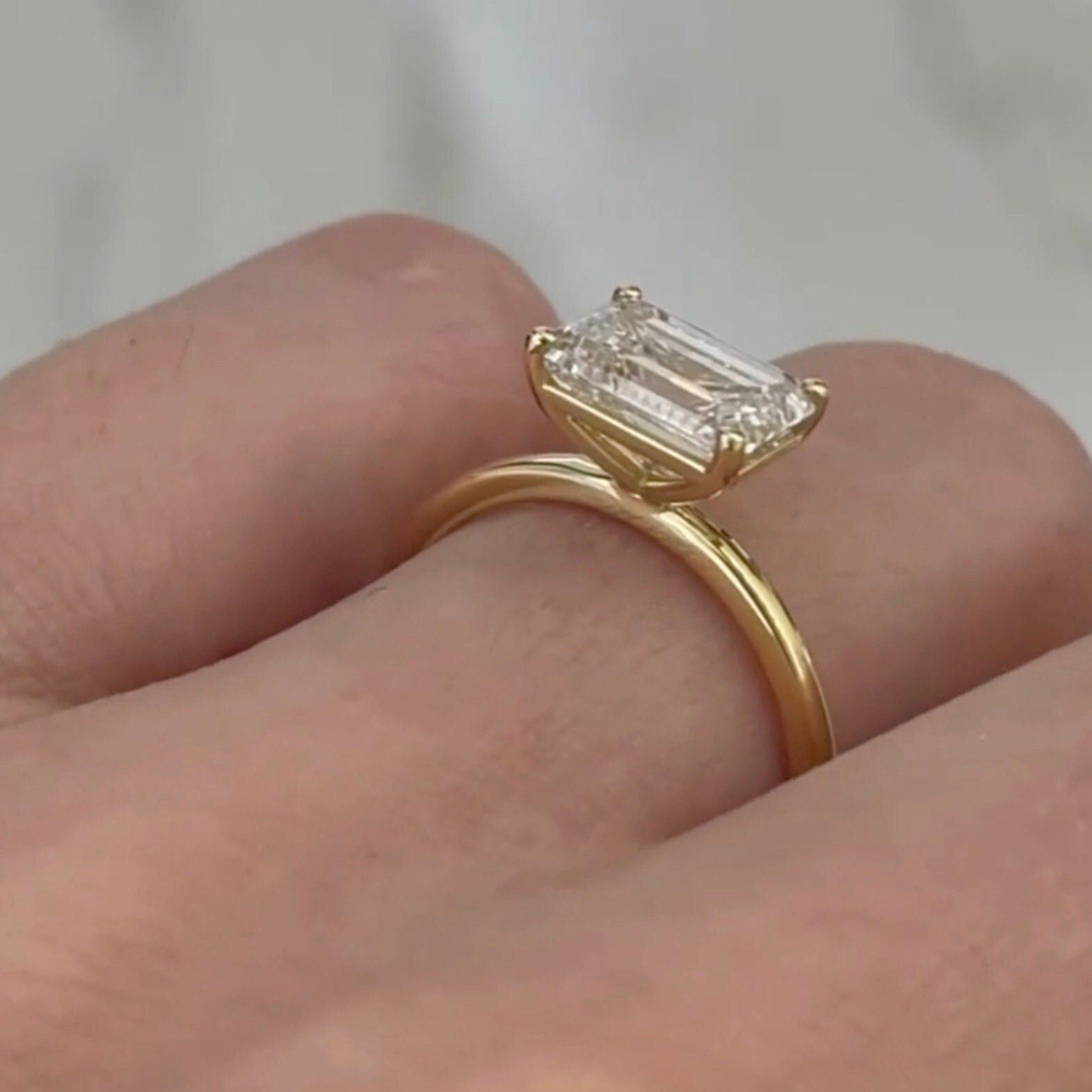 Pre-owned Sterling Four Claw Prong Rings 925 Silver, Emerald Cut East To West Engagement Ring, In Gold