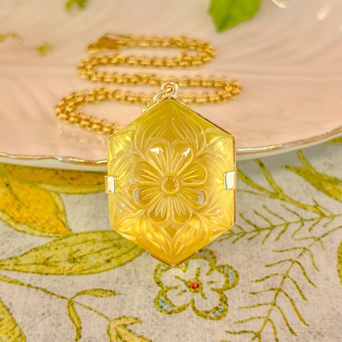 14k Yellow Gold Unique Hexagon Yellow Citrine Flower Carved Statement Pendant, N - Picture 1 of 12