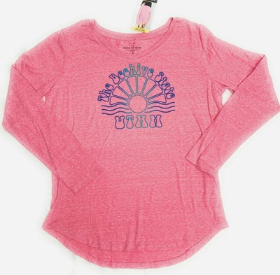 State Of Mine Womens Utah Pink Graphic Round Hem Long Sleeve Shirt Beehive State