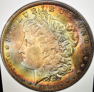 1885 O Toned Morgan $ PCGS MS 63  Awesome Multicolor Rainbow Toning  