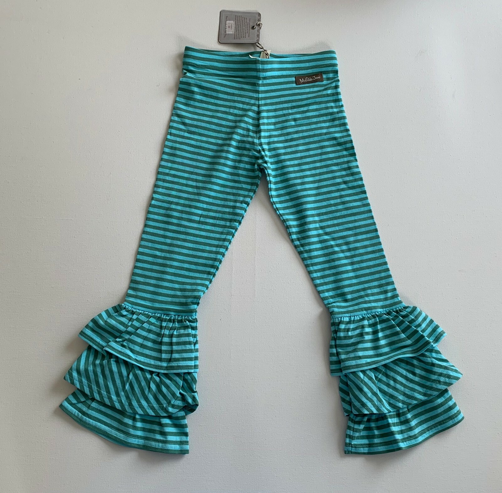 Matilda Jane Ruffle Leggings in Green Blue Striped Size 6 - NEW
