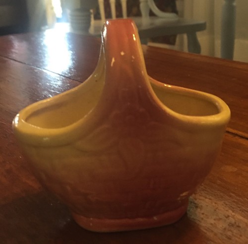 Vintage Small Pottery Basket Pink And Cream Color