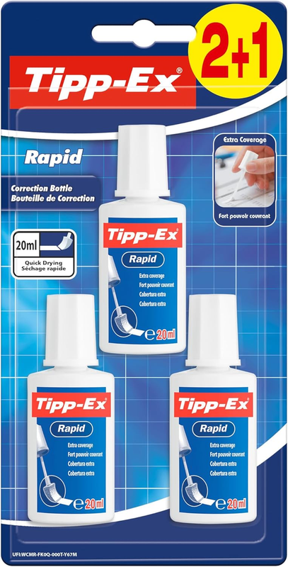 Tipp-Ex Rapid, Correction Fluid Bottle, High Quality Correction Fluid, Excellent Coverage, 20Ml, Pack of 3, White