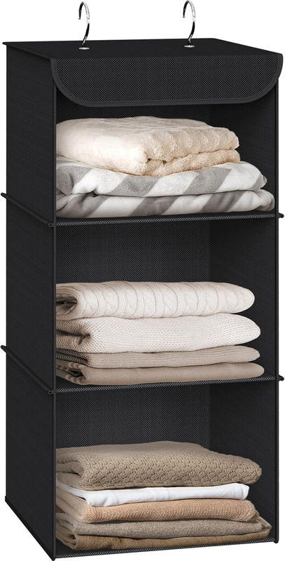 3-Shelf Hanging Closet Organizer, Fabric Storage Shelves with 57L Capacity, Blac