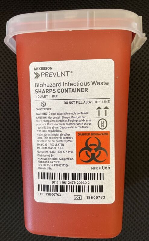 Sharps Container Biohazard Infectious Waste Prevent 1 Quart Needle Disposal NEW