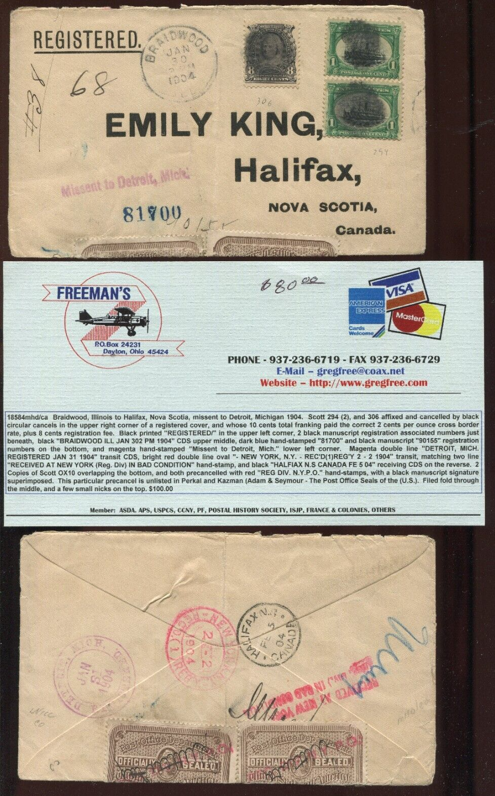 IMA 13.24.26.27.33.34.35.36.38 (9冊) OX11 Post Office Seals Used on 1904 Registered Cover USA to