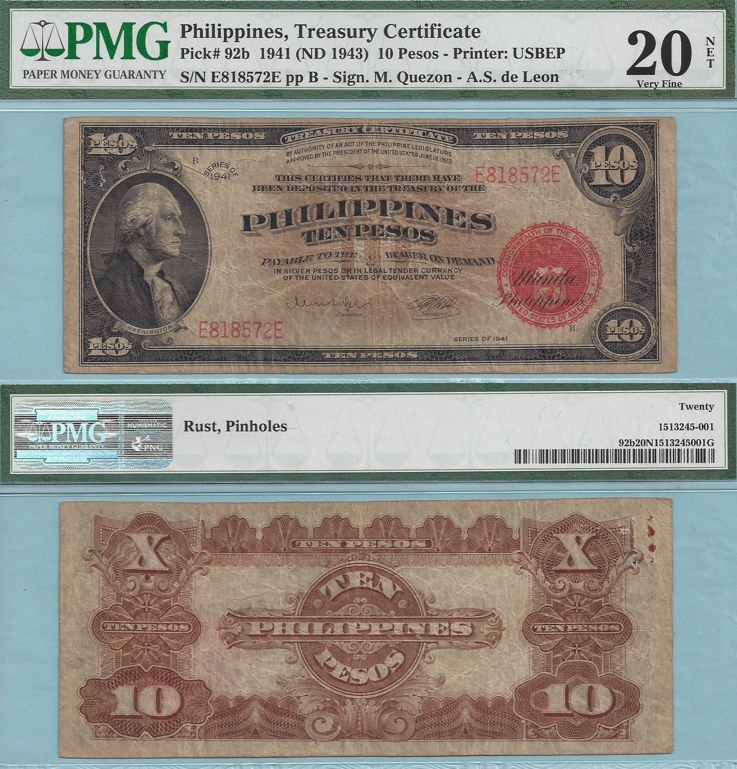 1941 Philippines 10 Pesos Treasury Cert ~ P92b ~ Bureau of Standards ~ PMG VF20