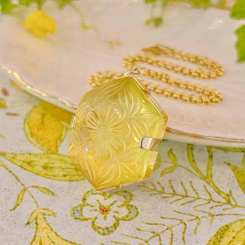 14k Yellow Gold Unique Hexagon Yellow Citrine Flower Carved Statement Pendant, N - Picture 12 of 12