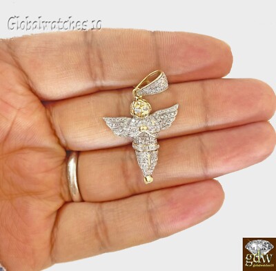 Pre-owned Globalwatches10 Real 10k Gold Diamond Men Praying Angel Charm Pendant Real Genuine Diamond In Yellow